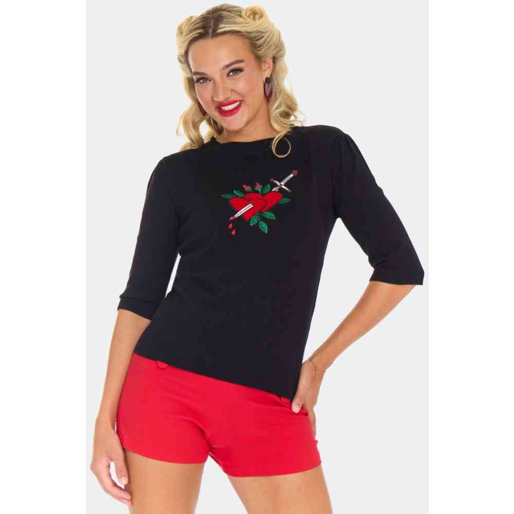 Voodoo Vixen - Heart & Dagger Embroidered Sweatshirt - Schwarz